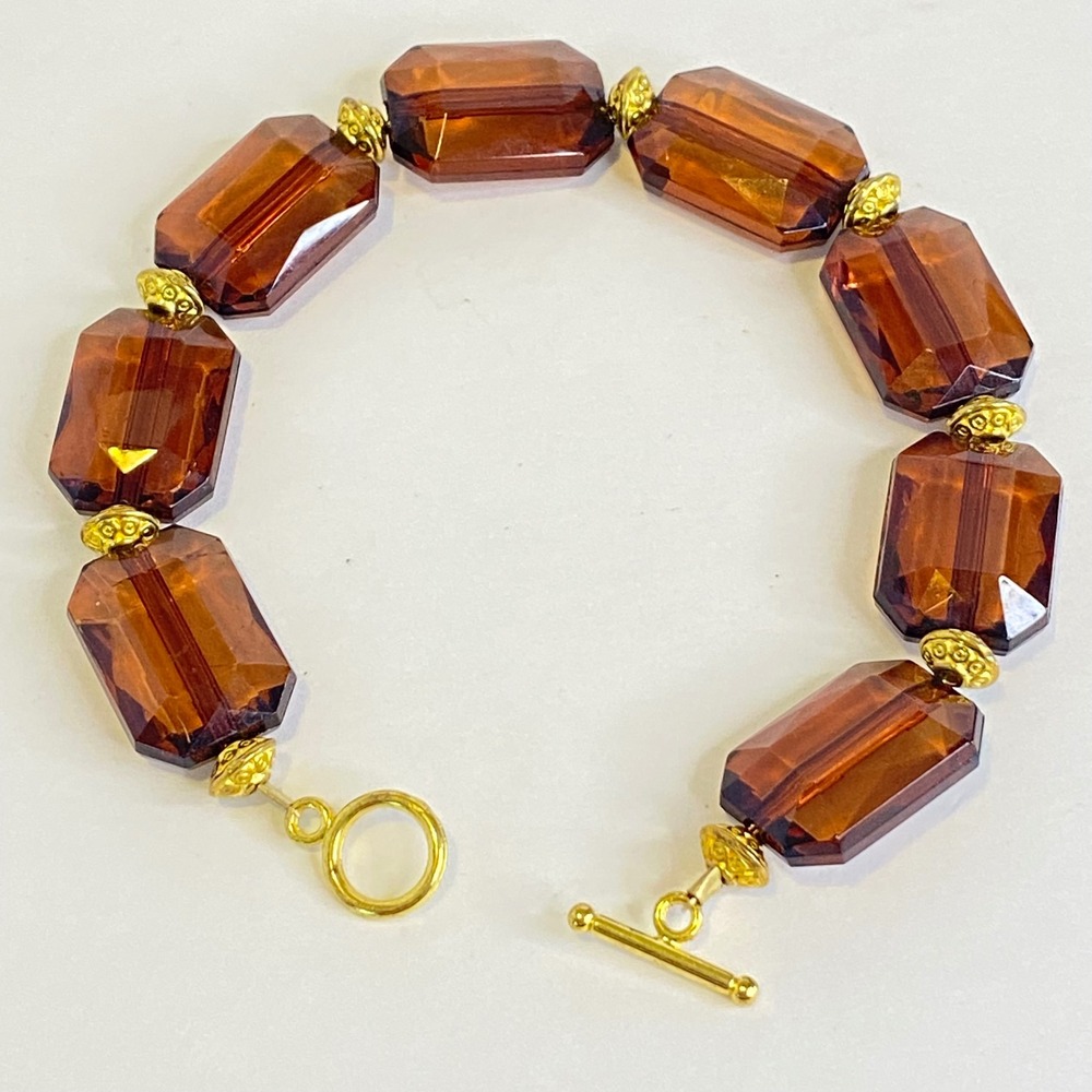 Honey Brown Root Beer Chunky Faceted Acrylic Bead Bracelet Gold Tone Autumn Fall